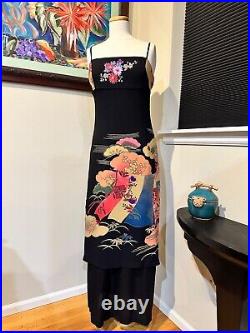 Vtg. 90's Sue Wong Black Silk Evening Dress with Asian Print S