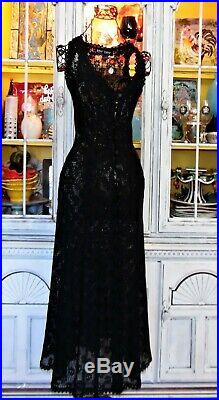 Vtg 90s Betsey Johnson Dress Black Floral Lace Slip Long Cocktail Party S 2 4 6