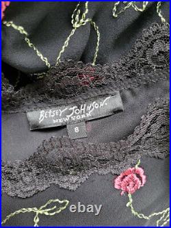Vtg 90s Betsey Johnson Girly Grunge Lace Bias Goth Midi Chiffon Slip Dress S/M