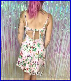 Vtg 90s Betsey Johnson Pink Floral Fit & Flare Tie Back Mini Slip Sundress S