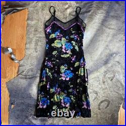 Vtg 90s Betsey Johnson black green and purple floral print velvet dress size xs