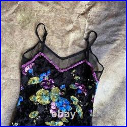 Vtg 90s Betsey Johnson black green and purple floral print velvet dress size xs