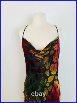 Vtg 90s Bias Cut Burnout Silk Slip Maxi Dress Multi Color Fall Velvet Leaves S M