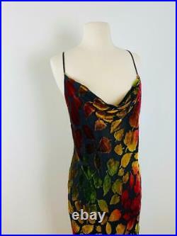 Vtg 90s Bias Cut Burnout Silk Slip Maxi Dress Multi Color Fall Velvet Leaves S M