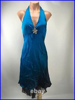 Vtg 90s CACHE 100% Silk Blue Halter Slinky Slip Dress Gown Bling Pin Sz 6 EUC