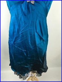 Vtg 90s CACHE 100% Silk Blue Halter Slinky Slip Dress Gown Bling Pin Sz 6 EUC