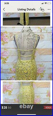 Vtg 90s Strappy open Back Chartreuse Sequin Evening Slip dress Maxi Dress Gown