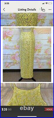 Vtg 90s Strappy open Back Chartreuse Sequin Evening Slip dress Maxi Dress Gown