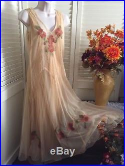 Vtg APRIL CORNELL Floral Embroidered Maxi Dress Gown w Slip M