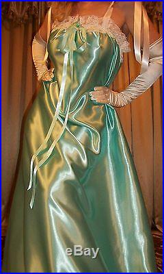 Vtg Aqua Long Sweep Dress Full Slip Lace Satin Nightgown Lingerie 1X 2X 3X