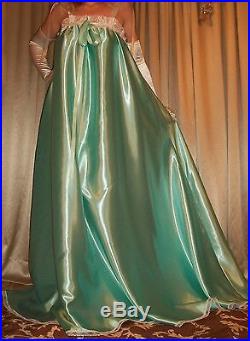 Vtg Aqua Long Sweep Dress Full Slip Lace Satin Nightgown Lingerie 1X 2X 3X