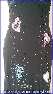 Vtg BETSEY JOHNSON 90's slip grunge dress sequin & lace embroidered 100% SILK