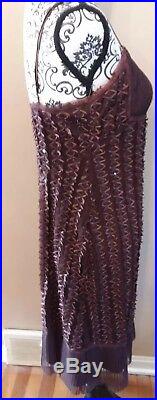 Vtg Betsey Johnson Black Labe Brown Silk Slip Dress Ribbon Sequin Women Large