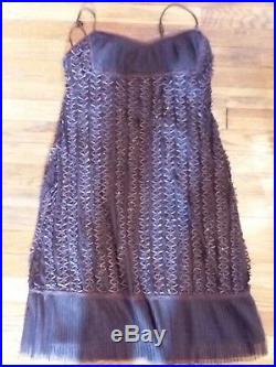Vtg Betsey Johnson Black Labe Brown Silk Slip Dress Ribbon Sequin Women Large