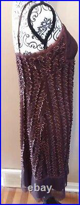 Vtg Betsey Johnson Black Label Brown Silk Mesh Slip Dress Ribbons Women L Large