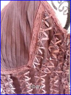 Vtg Betsey Johnson Black Label Brown Silk Mesh Slip Dress Ribbons Women Large L