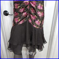 Vtg Betsey Johnson Dress Brown Pink Floral Silk Mermaid Ruffle Ruched Slip 10 M
