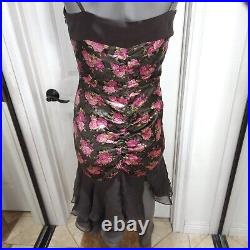 Vtg Betsey Johnson Dress Brown Pink Floral Silk Mermaid Ruffle Ruched Slip 10 M