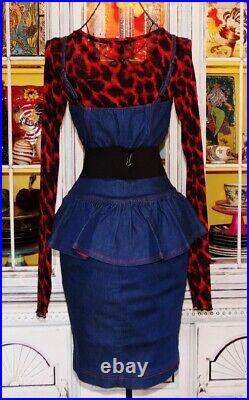 Vtg Betsey Johnson Dress Y2k Stretch Denim Jean Peplum Zip Front Size Small 0 XS