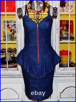 Vtg Betsey Johnson Dress Y2k Stretch Denim Jean Peplum Zip Front Size Small 0 XS