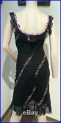 Vtg Betsey Johnson NY Black Embroidered Pink Green Floral Silk Slip Dress 2