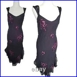 Vtg. Betsey Johnson New York 90's 100% Silk Black Rose Floral Dress Med. 8-10