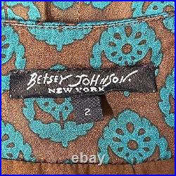 Vtg Betsey Johnson Silk Slip Dress Sz 2 Brown Turquoise A Line Cap Sleeve V Neck