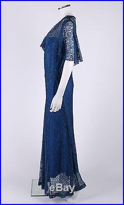 Vtg COUTURE c. 1910s Edwardian 3 Pc Blue Lace Belted Evening Gown Dress Slip Set