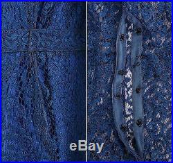Vtg COUTURE c. 1910s Edwardian 3 Pc Blue Lace Belted Evening Gown Dress Slip Set