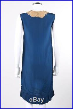 Vtg COUTURE c. 1920's Blue Silk & Beige Floral Lace Sleeveless Slip Shift Dress