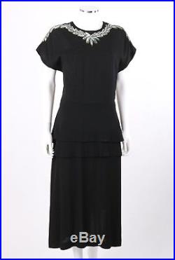 Vtg COUTURE c. 1940s Black Rayon Crepe Sequin Peplum Cocktail Shift Dress with Slip
