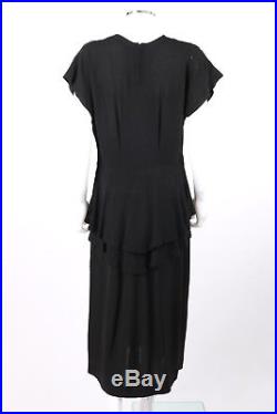 Vtg COUTURE c. 1940s Black Rayon Crepe Sequin Peplum Cocktail Shift Dress with Slip