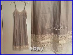 Vtg Christian Dior SILKY SATIN Full Slip Nightgown Dress 32 Floral Lace Taupe