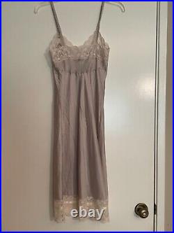 Vtg Christian Dior SILKY SATIN Full Slip Nightgown Dress 32 Floral Lace Taupe