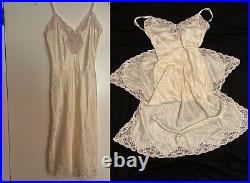 Vtg Christian Dior SILKY SATIN Full Slip Nightgown Dress Ivory Pink Lace 32