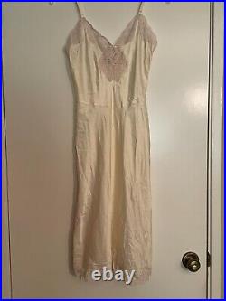 Vtg Christian Dior SILKY SATIN Full Slip Nightgown Dress Ivory Pink Lace 32