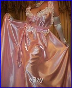 Vtg Fair Pink Long Full Sweep Satin Slip Nightgown Babydoll Negligee Dress 2X 3X