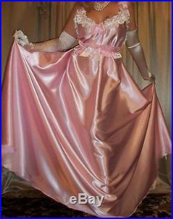 Vtg Fair Pink Long Full Sweep Satin Slip Nightgown Babydoll Negligee Dress 2X 3X
