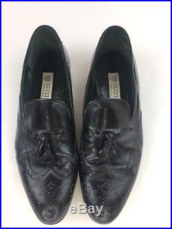 Vtg GUCCI Black Leather Loafer Slip On Dress Shoes w Tassels Italy EU 46 US 13