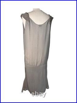 Vtg Ghost London Ethereal Crepe Slip Dress Flapper 20s Grey Silver Lace M 12 14