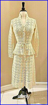 Vtg Lillie Rubin Cream Crochet Lace Peplum 2 Pc Dress Suit Midi with Slip S 4 6