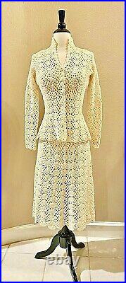 Vtg Lillie Rubin Cream Crochet Lace Peplum 2 Pc Dress Suit Midi with Slip S 4 6