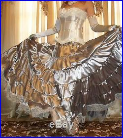 Vtg Liquid Silver Long Full Dress Sweep Nightgown Lace Satin Slip Lingerie XL 1X
