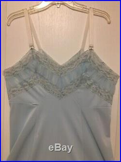 Vtg Mary Barron Baby Blue Silky Wide Lace Tricot Nylon Dress Slip Gown Sz 42