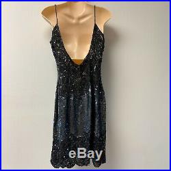 Vtg NAEEM KHAN Riazee Silk Beaded Open Back Art Deco Slip Dress Sz 8 blue black