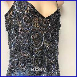 Vtg NAEEM KHAN Riazee Silk Beaded Open Back Art Deco Slip Dress Sz 8 blue black