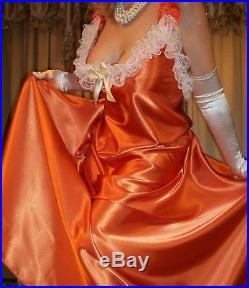 Vtg Orange Lace Long 200 Sweep Satin Dress Slip Babydoll Nightgown 2X 44 46