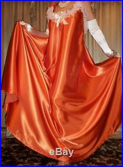 Vtg Orange Lace Long 200 Sweep Satin Dress Slip Babydoll Nightgown 2X 44 46