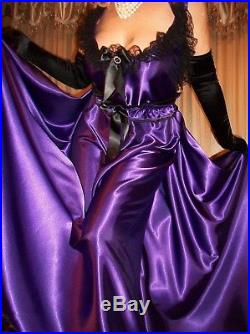 Vtg Purple Black Lace Long 200 Sweep Satin Dress Slip Babydoll Nightgown 2X 3X