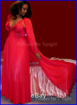 Vtg Red OLGA Bodysilk Lingerie Dress Nightgown Slip Negligee Peignoir Robe Set M